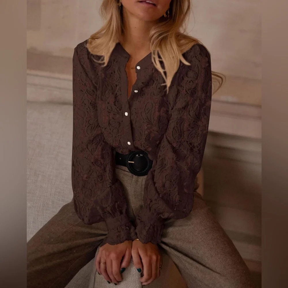 PRETTYGARDEN Dressy Casual Lace Blouse Button Up Shirts Tops Spring Fall Clothes - Picture 5 of 8
